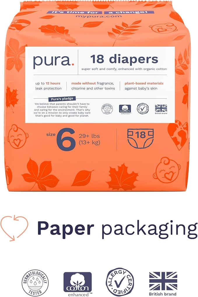 Pura Size 6 Eco-Friendly Diapers Totally Chlorine Free, Hypoallergenic - Image 2