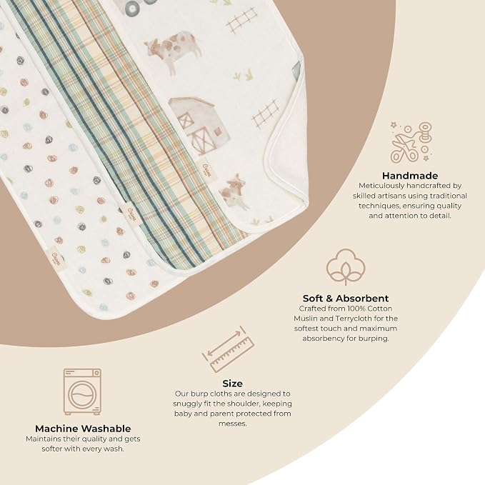 Crane Baby Burp Cloths Set, 3-pc. Charlie Farmhouse Tractor Collection - Image 2