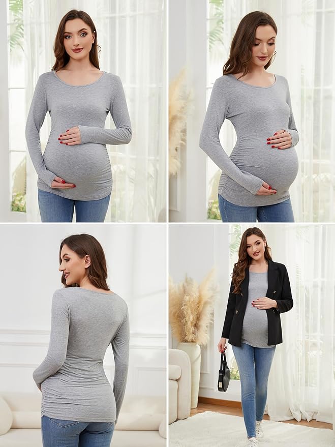 Ecavus Women's Maternity Shirts Long Sleeve Soft Stretchy Pregnancy Tops Side - Image 4