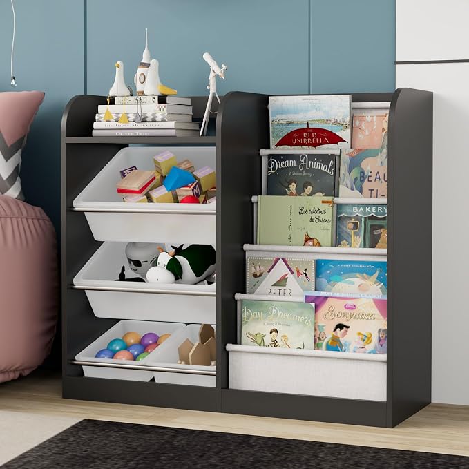 Black Kids Wood Bookshelf Toy Storage Box Organizer Shelf W/4 Removable Plastic by HedoAjim