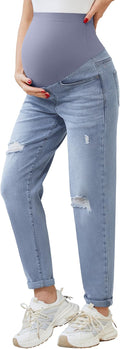 POSHGLAM Women's Maternity Jeans Over Belly Comfy Stretch 28'' Boyfriend Jeans by POSHGLAM