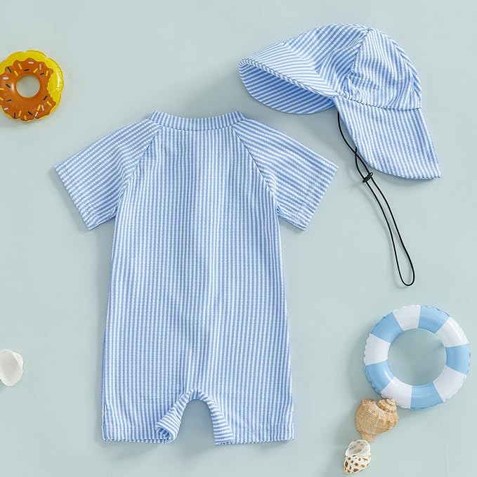 Toddler Baby Boys Seersucker Short Sleeve One Piece Rash Guard Swimsuit Zipper - Image 3