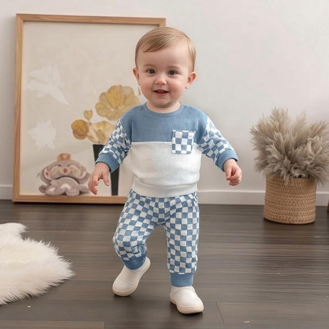 Toddler Baby Boy Fall Clothes Waffle Outfit Long Sleeve Color Blocking - Image 2