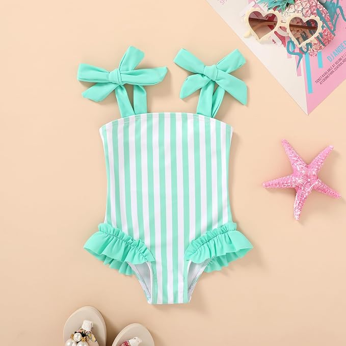 Happy Town Toddler Swimsuit Girl Solid Color Stripe One-Piece Baby Bathing Suits - Image 2