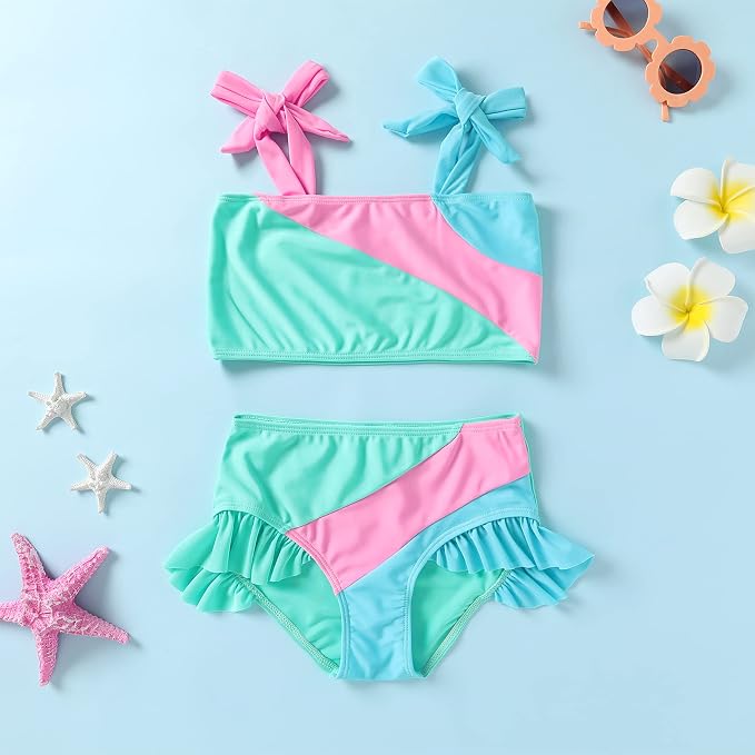 YOUNGER TREE Toddler Girls Two Pieces Swimsuit Color Block Stripe Swimwear - Image 2