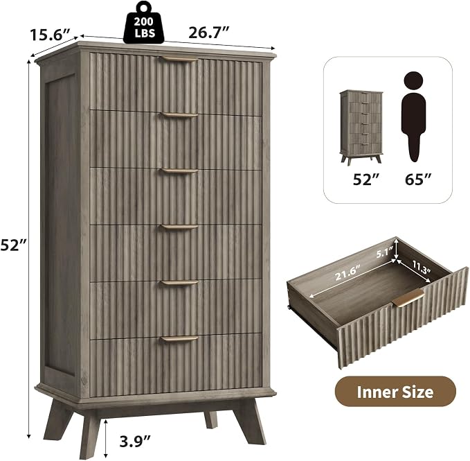 QUW Fluted 6 Drawer Dresser for Bedroom, Modern Tall Chest of Drawers - Image 3
