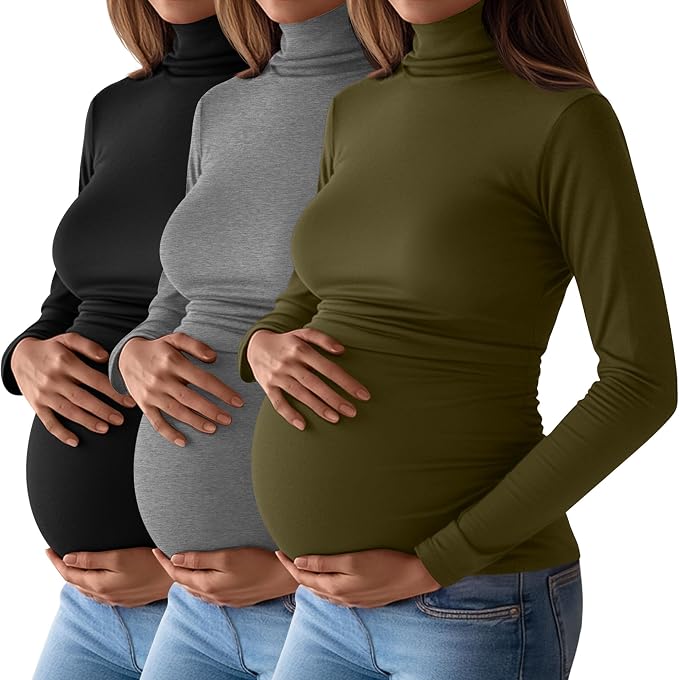 Ficerd 3 Pack Women's Maternity Shirts, Turtleneck Long Sleeve Pregnancy Tops by Ficerd
