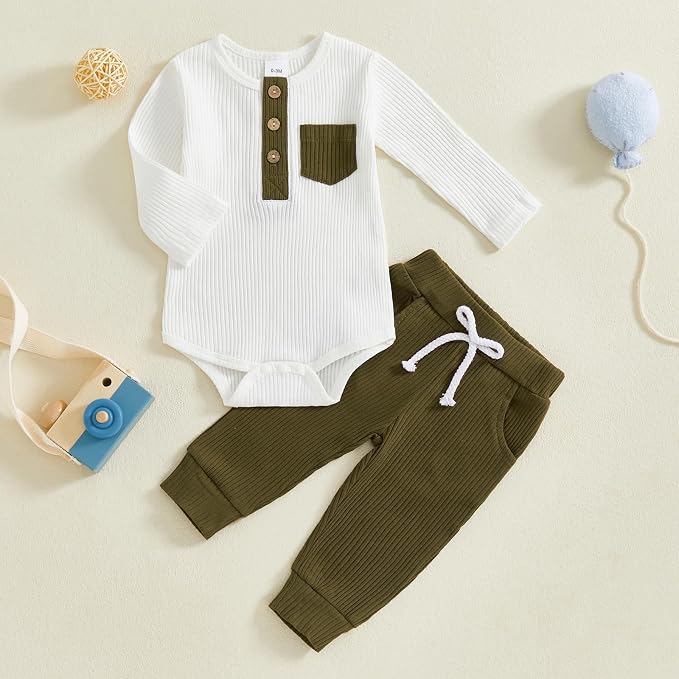 fhutpw Baby Boy Clothes 3 6 12 18 Months Ribbed Knitted Long Sleeve Romper and - Image 2