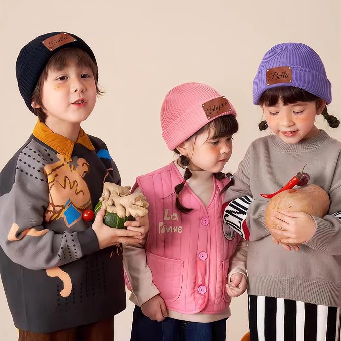 Custom Baby Beanies Personalized Toddler Winter Hats Name Leather Patch Kids - Image 4