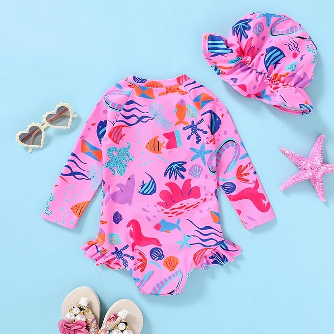 Infant Baby Girl Swimsuit One-Piece Long Sleeve Rash Guard - Image 3