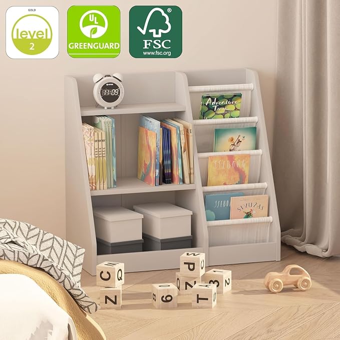 Gray Nursery Bookshelf for Kids 3 Tier Wood Shelf 4 Sling Baby Toddler Bookcase - Image 8