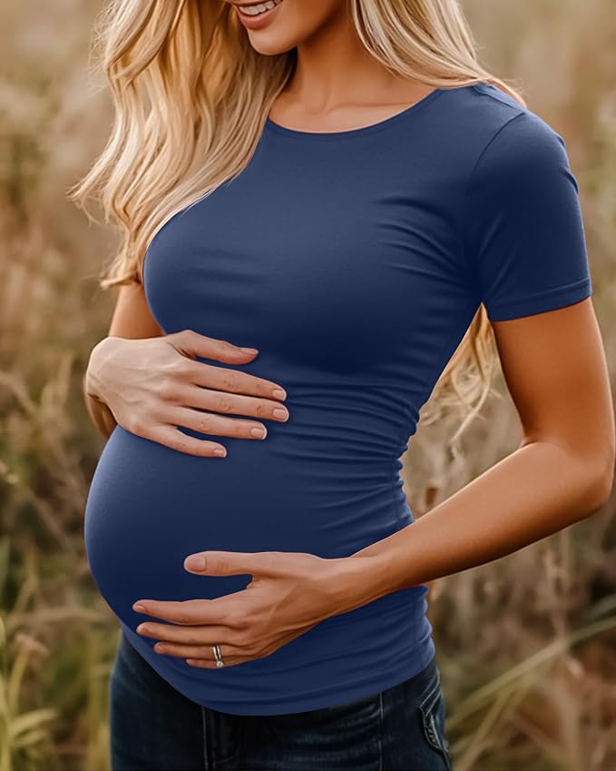Huukeay 4 Pack Women's Maternity Shirts, Crew Neck Maternity Top Short Sleeve - Image 4