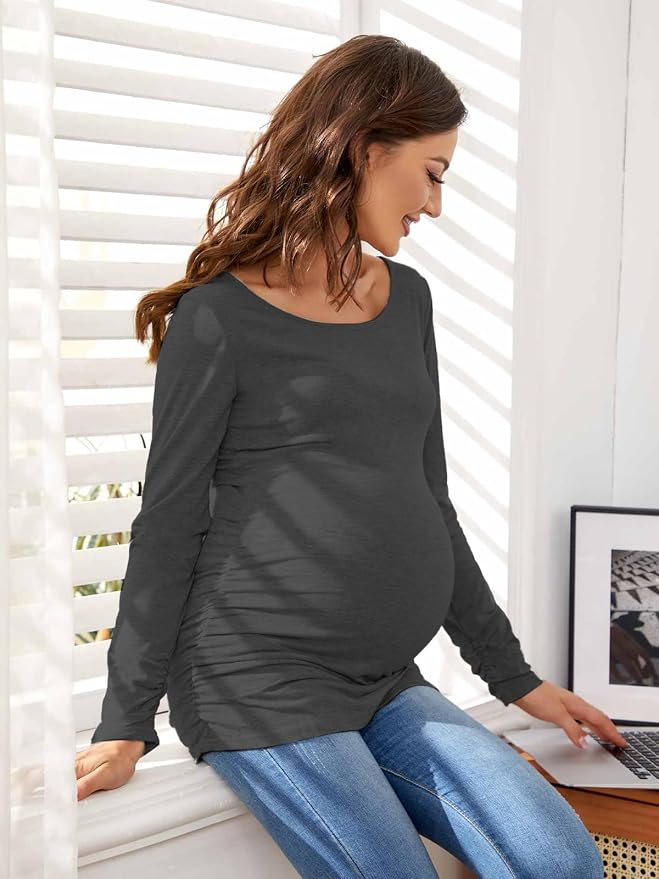Ecavus Women's Maternity Shirts Long Sleeve Soft Stretchy Pregnancy Tops Side - Image 2