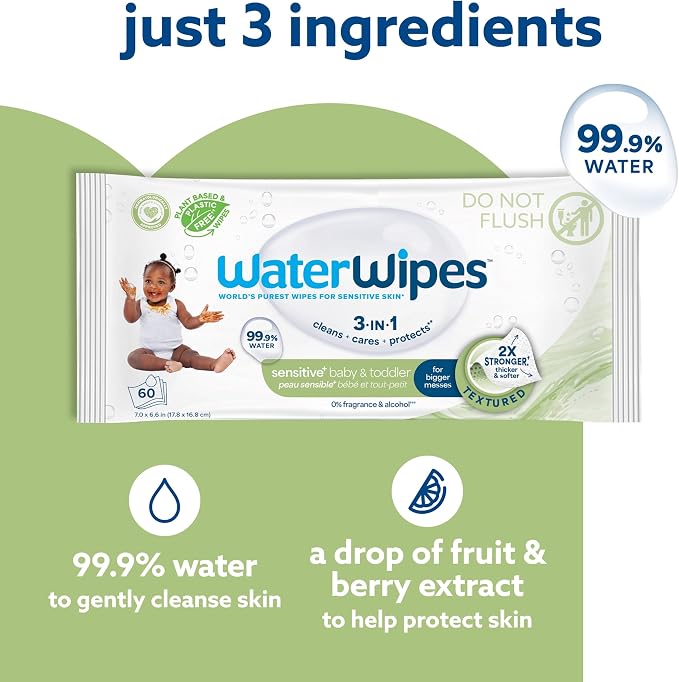 WaterWipes Sensitive+ Baby & Toddler Wipes, 3-In-1 Cleans, 99.9% Water - Image 3