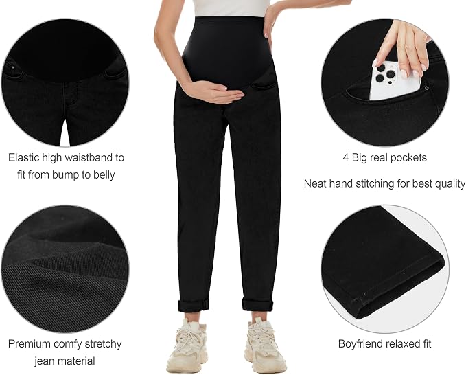 POSHGLAM Women's Maternity Jeans Over Belly Comfy Stretch 28'' Boyfriend Jeans - Image 2