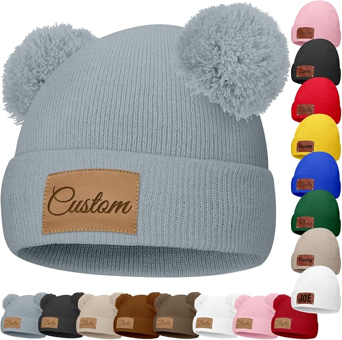 Custom Baby Beanies Personalized Toddler Winter Hats Name Leather Patch Kids by Unknown