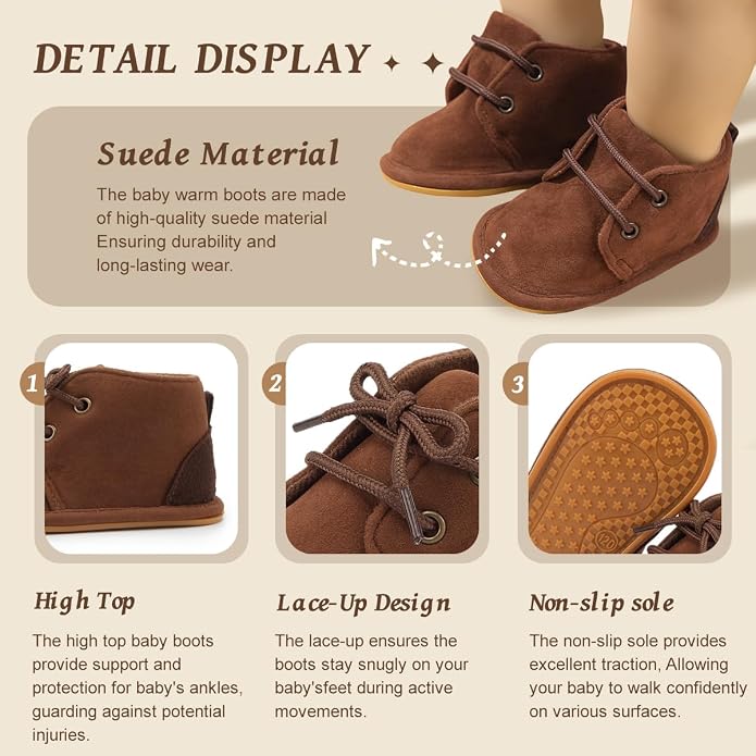 Baby Unisex Warm Snow Boots Newborn Leather Fur Lace Up Ankle Anti-Slip Rubber - Image 2