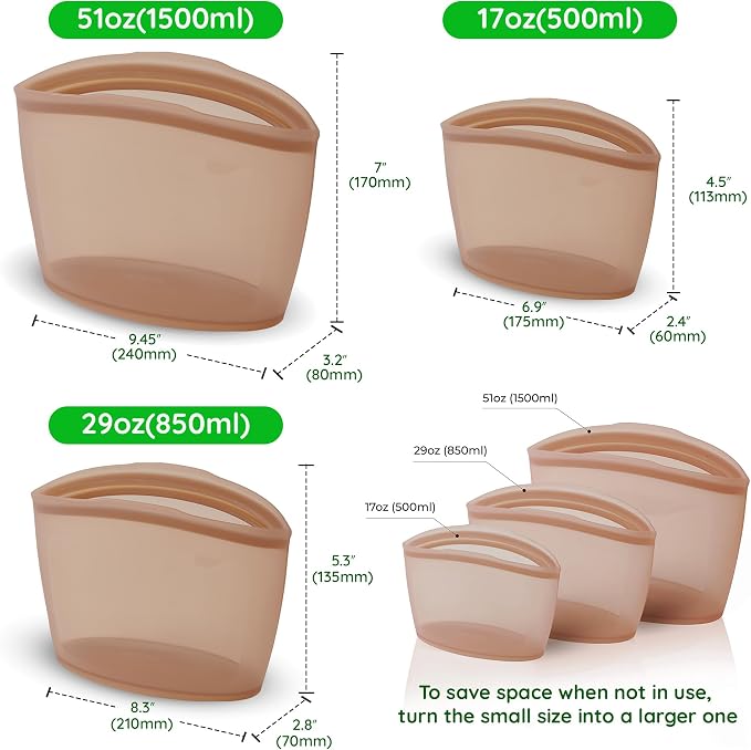 Premium Platinum Silicone Reusable Food Storage Bags 3-Pack, Airtight Zip Lock - Image 7