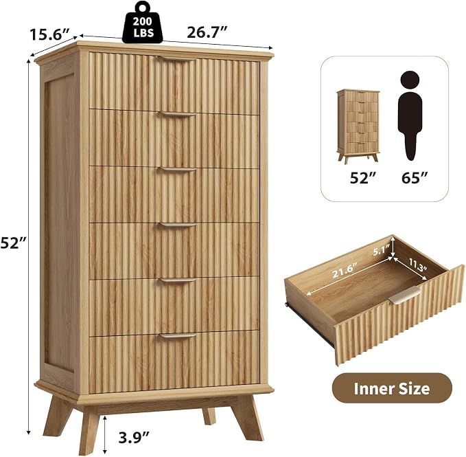 QUW Fluted 6 Drawer Dresser for Bedroom, Modern Tall Chest of Drawers - Image 3