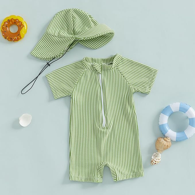 Toddler Baby Boys Seersucker Short Sleeve One Piece Rash Guard Swimsuit Zipper - Image 2