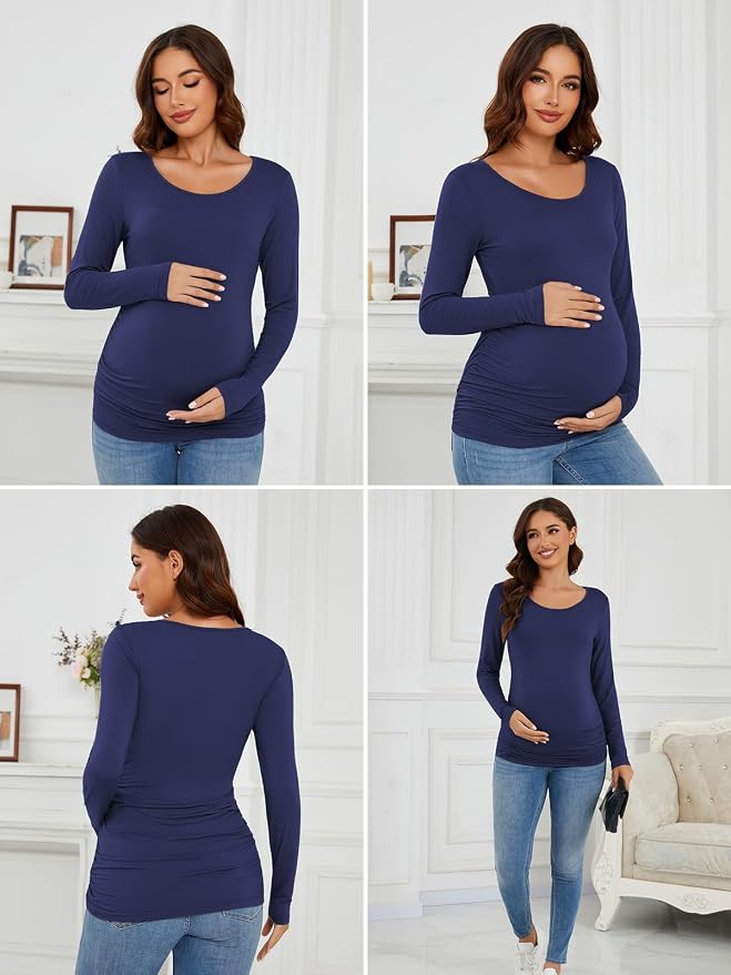 Ecavus Women's Maternity Shirts Long Sleeve Soft Stretchy Pregnancy Tops Side - Image 5