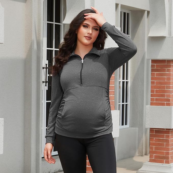 GINKANA Maternity Women's Long Sleeve Shirt Half Zipper Lapel Lightweight - Image 4