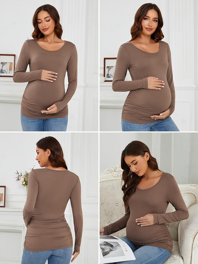 Ecavus Women's Maternity Shirts Long Sleeve Soft Stretchy Pregnancy Tops Side - Image 6