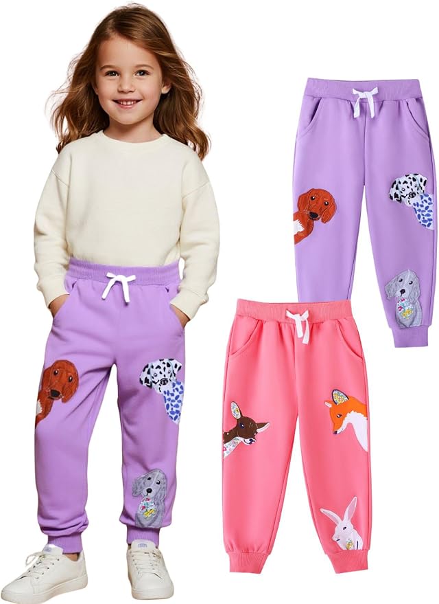 HILEELANG Girls Cotton Joggers Sweatpants Embroidery Drawstring Waist Pockets - Image 2