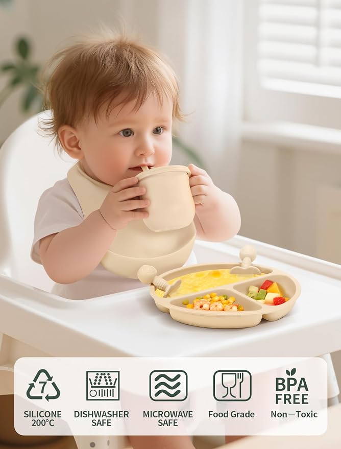 Silicone Baby Feeding Set 9 Pcs, Spill-Proof Suction Plate, Silicone spoon&forks - Image 2