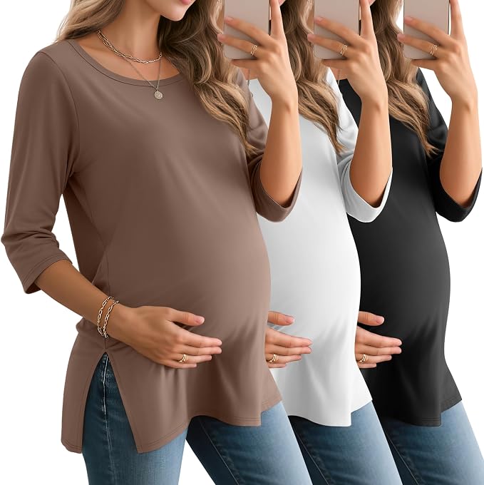 3 Pack Women's 3/4 Sleeve Maternity Shirts Elbow Length Clothes Round Neck by Baggyfly