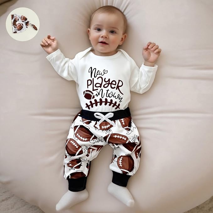 Baby Boy Hockey Outfit New Player in Town Long Sleeve Romper Long Pants Hat Set - Image 2