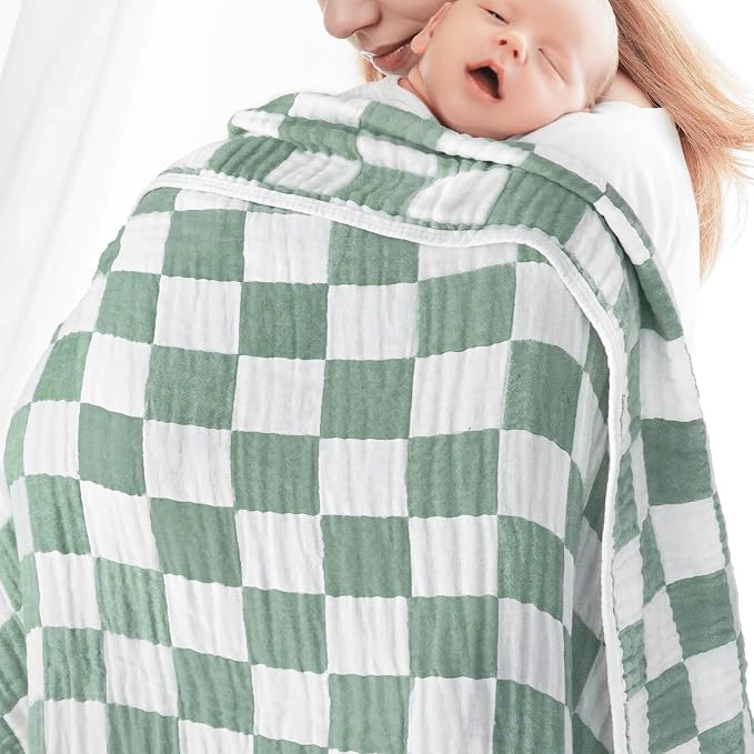 Muslin Baby Blanket Unisex Sage Green Checkerboard Toddler Blanket - Image 6