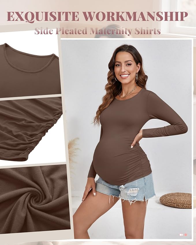 Ficerd 3 Pack Women's Maternity Shirts, Long Sleeve Side Ruched Pregnancy Tee - Image 6