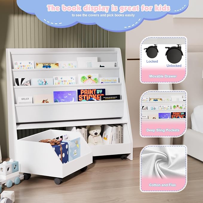 Kids Bookshelf with Two Movable Drawers Toddler Bookcase with Toy Storage - Image 7
