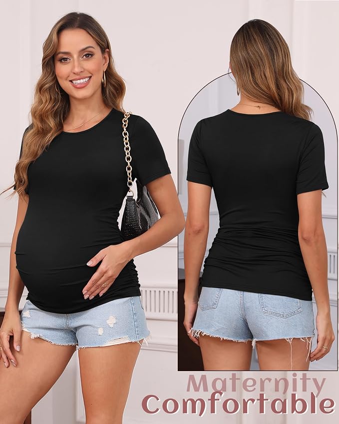Huukeay 4 Pack Women's Maternity Shirts, Crew Neck Maternity Top Short Sleeve - Image 2