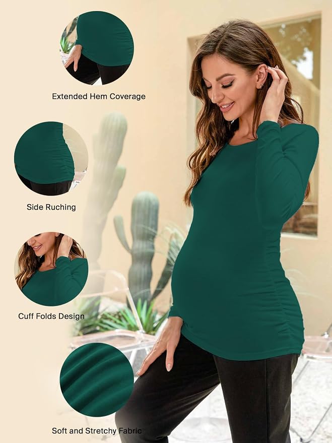 Ecavus Women's Maternity Shirts Long Sleeve Soft Stretchy Pregnancy Tops Side - Image 3