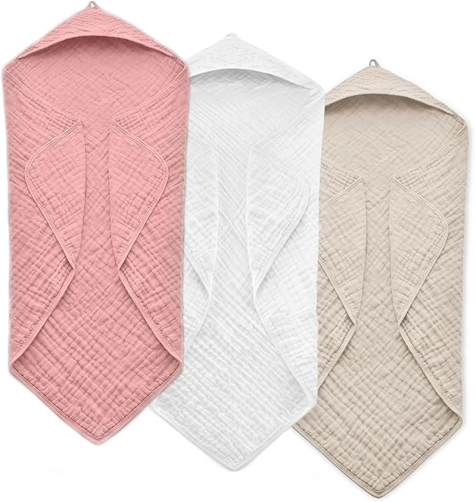 Hooded Baby Towels for Newborn, 35x35 Inch 3 Pack 100% Muslin Cotton Baby Bath by EveryNewMothersChoice