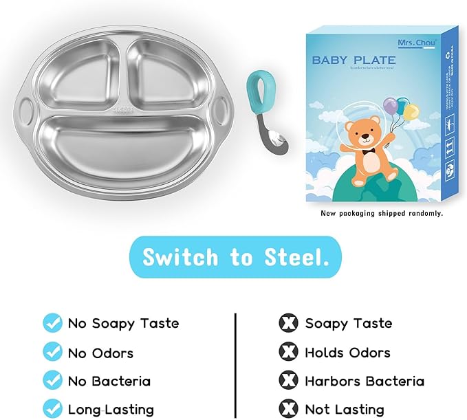 Mrs. Chou® Stainless Steel Kids Plates Suction Plates Divided Baby Plates - Image 3