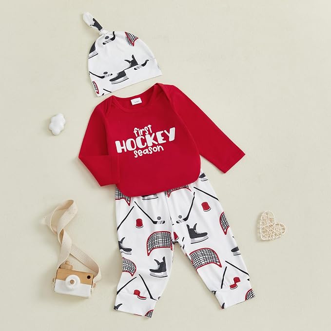 Baby Boy Hockey Outfit New Player in Town Long Sleeve Romper Long Pants Hat Set - Image 3