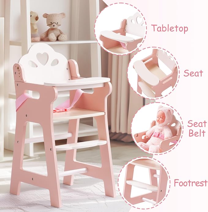 ROBOTIME High Chair for Pretend Play, Wooden Baby Doll Furniture - Image 3