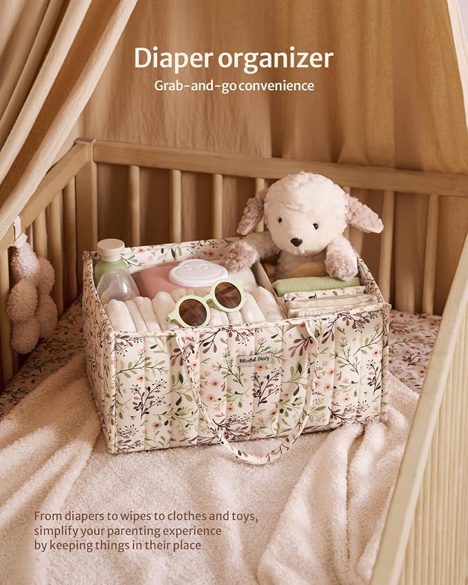 Blissful Diary Floral Diaper Caddy Organizer, Stylish Nursery Storage Basket - Image 4