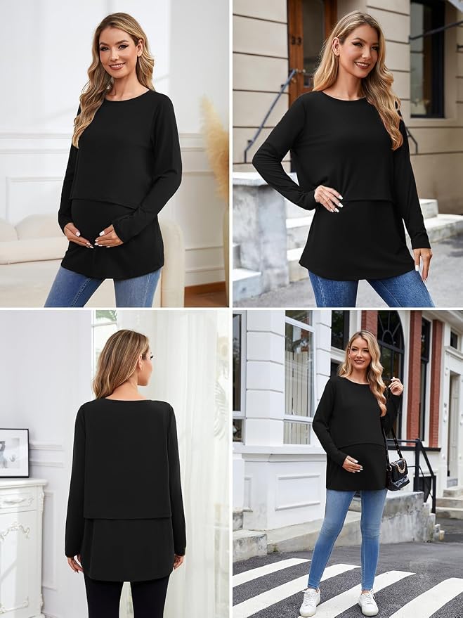 Ecavus Women's 3Pack Maternity Nursing Shirts Long Sleeve Double Layer - Image 4