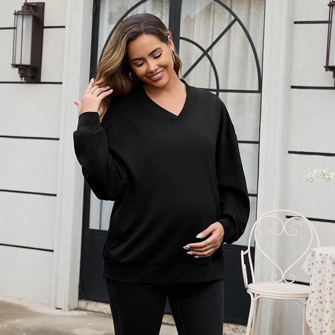 GINKANA Maternity Long Sleeve Shirts V Neck Sweatshirt Casual Tunic Tops - Image 3