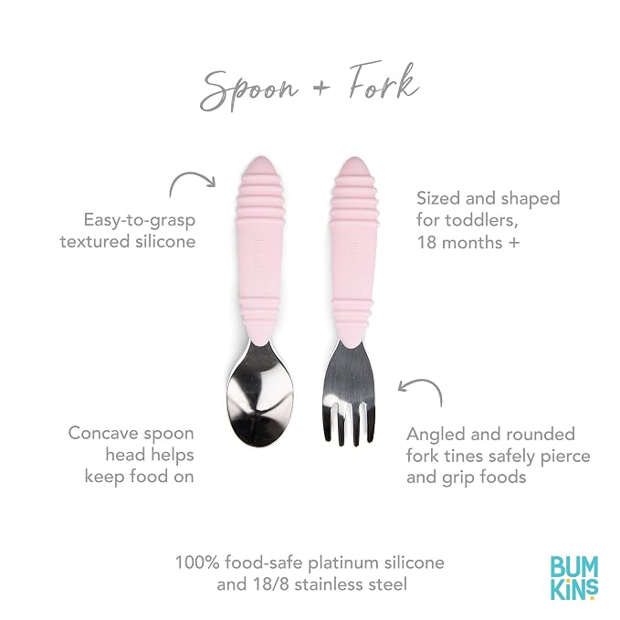 Bumkins Toddler Utensils, Kids Fork and Spoon Set, Silicone and Stainless-Steel - Image 2