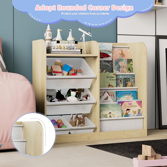 Natural Kids Wood Bookshelf Toy Storage Box Organizer Shelf W/4 Removable - Image 5