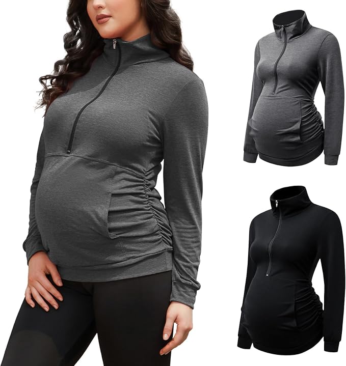 GINKANA Maternity Women's Long Sleeve Shirt Half Zipper Lapel Lightweight by GINKANA