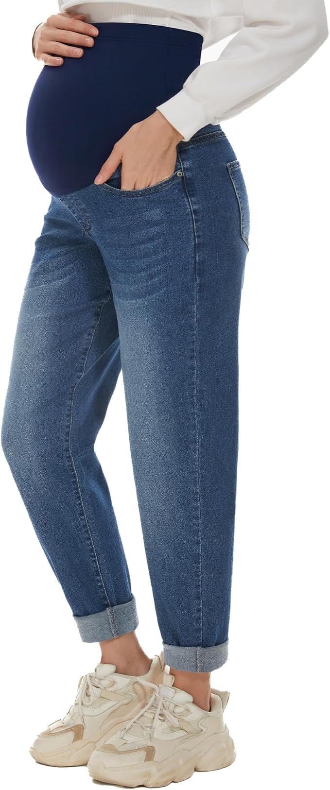 POSHGLAM Women's Maternity Jeans Over Belly Comfy Stretch 28'' Boyfriend Jeans by POSHGLAM