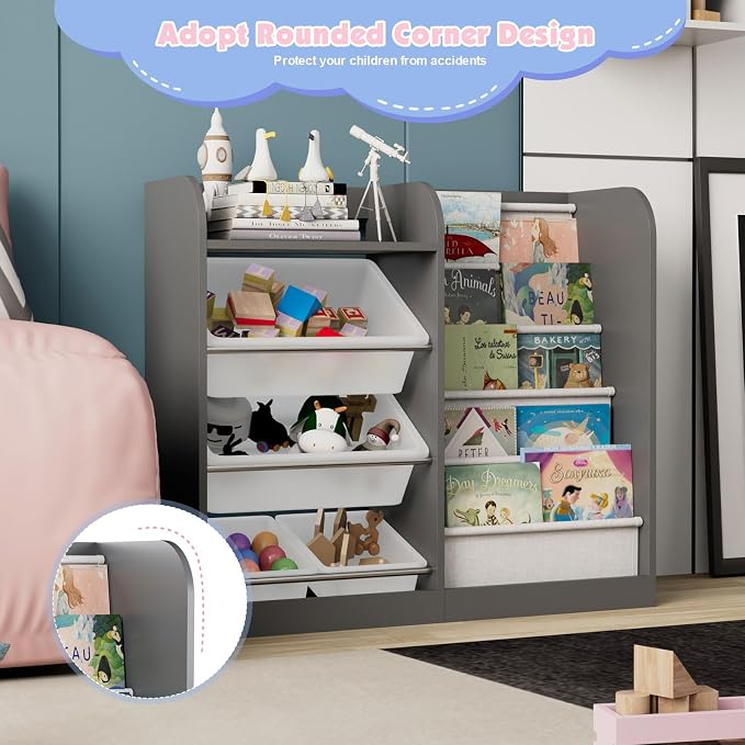 Grey Kids Wood Bookshelf Toy Storage Box Organizer Shelf W/4 Removable Plastic - Image 7