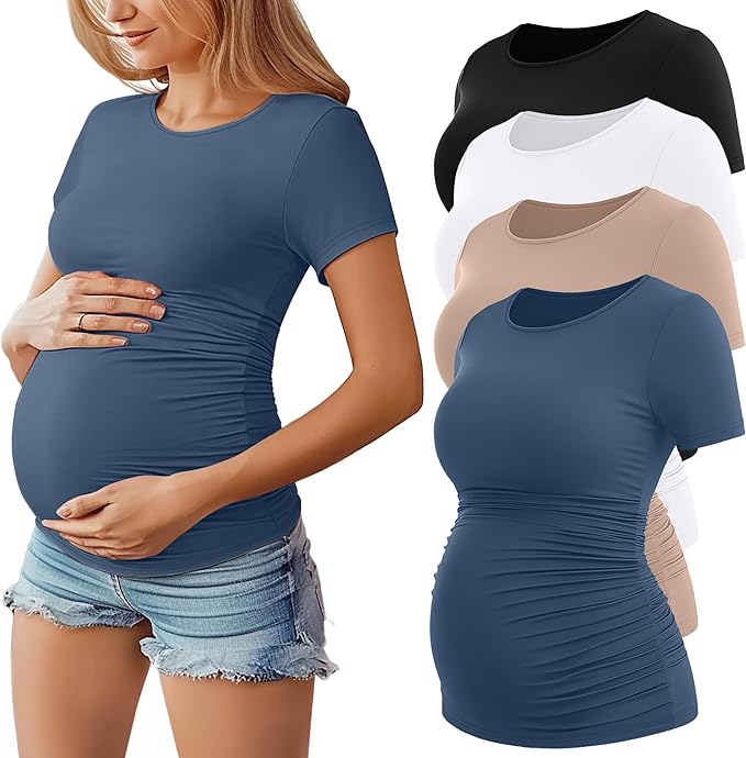 Huukeay 4 Pack Women's Maternity Shirts, Crew Neck Maternity Top Short Sleeve by Huukeay