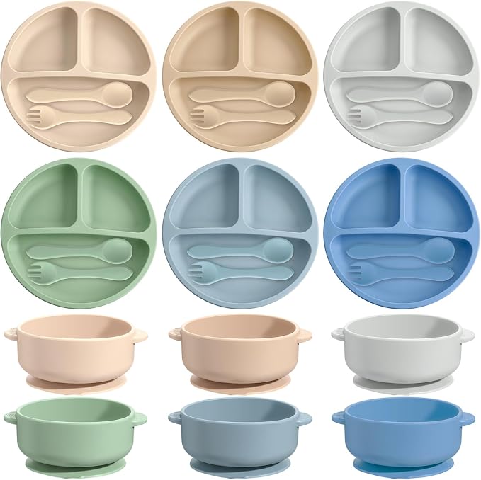 Dandat 24 Pcs Silicone Baby Feeding Set, 6 Baby Toddler Suction Bowls 6 Divided by Dandat